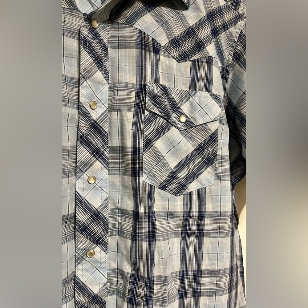 Men’s Wrangler Western Blue Plaid Snap Button Shirt - Picture 4 of 7